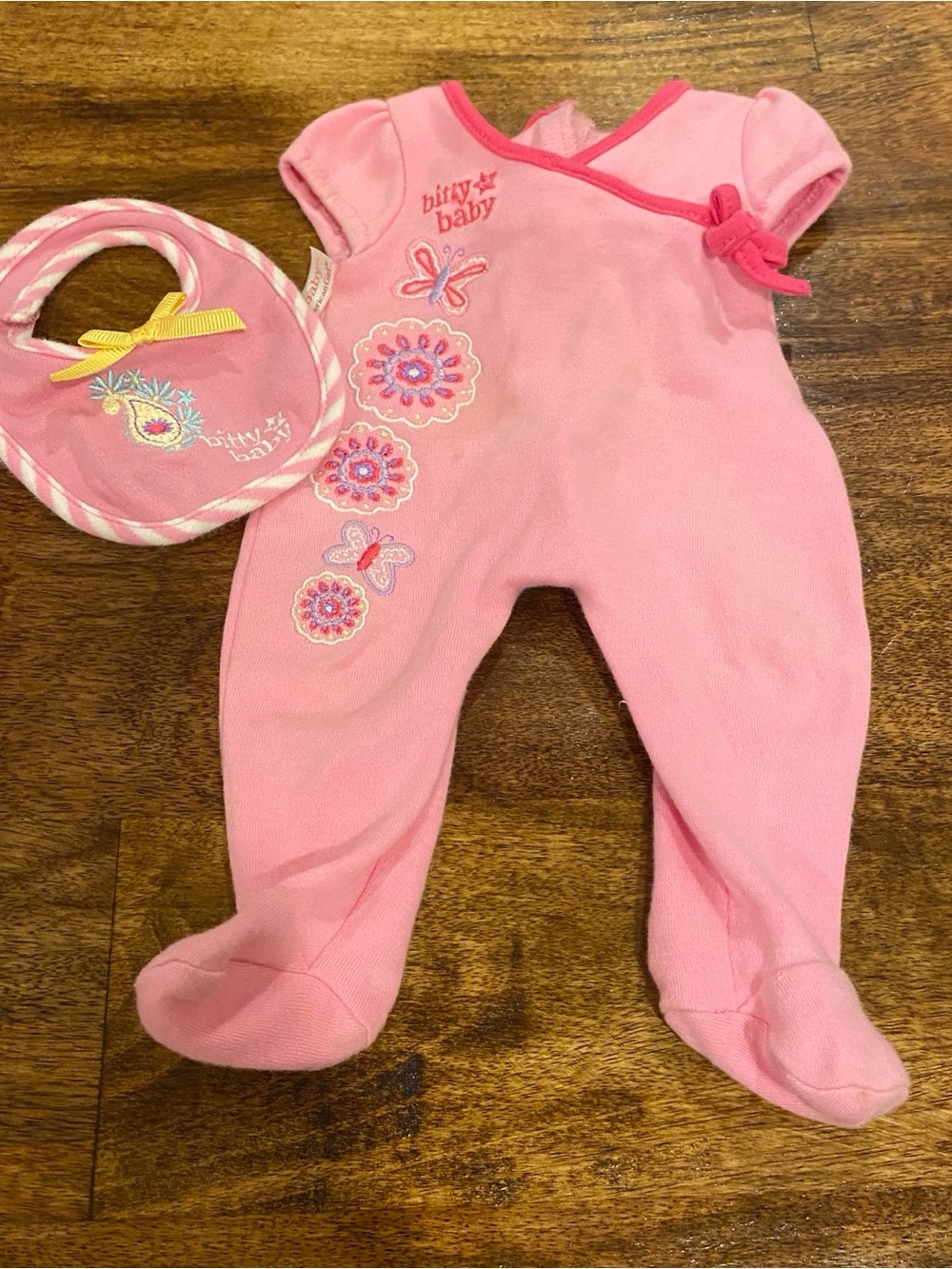 American Girl Bitty Baby Pink Embroidered Sleeper And bib * Flawed*